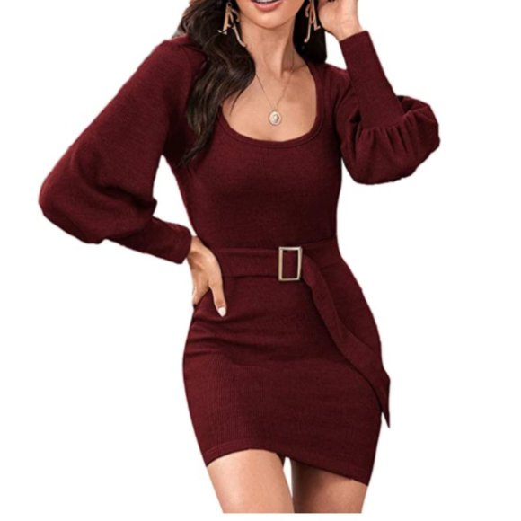 Dresses & Skirts - NWT Maroon/Wine Belted Puff Sleeve Mini Dress
